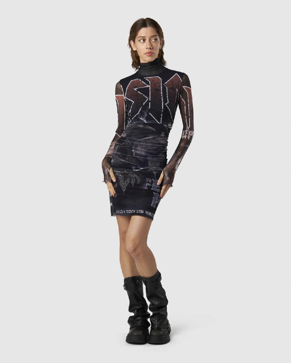 Vision Of Super BLACK MIDI DRESS WITH FELL ROCK GRAPHIC Vendita Economica